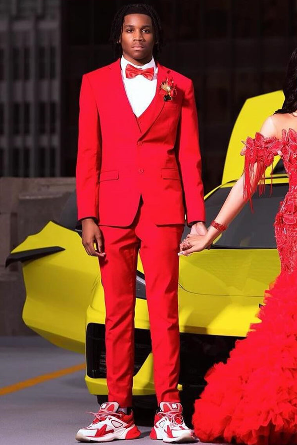 Glamorous 3 Pieces Red Notched Lapel Prom Men Suits