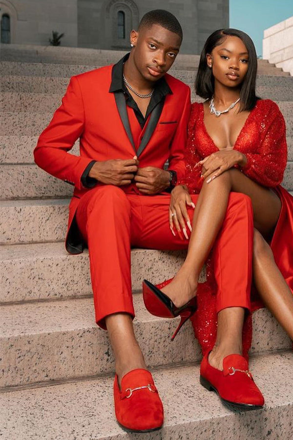 Handsome 3 Pieces Red Prom Men Suit With Black Shawl Lapel