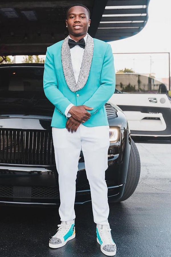 Decent Turquoise Sparkle Shawl Lapel Prom Men Suit
