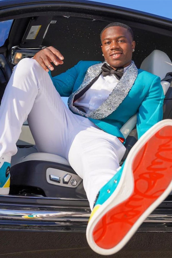 Decent Turquoise Sparkle Shawl Lapel Prom Men Suit