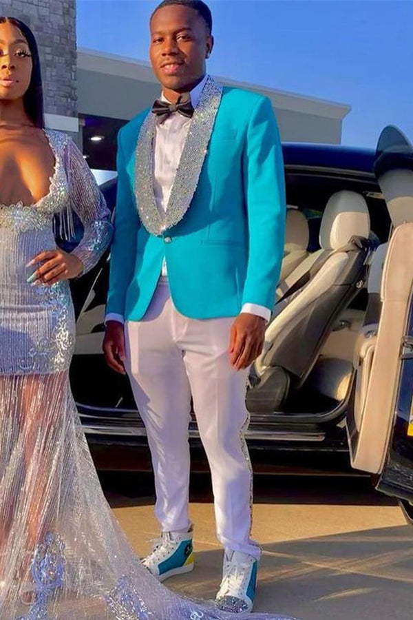Decent Turquoise Sparkle Shawl Lapel Prom Men Suit