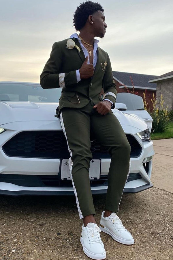 Slim Fit Olive Green Notched Lapel Prom Men Suit