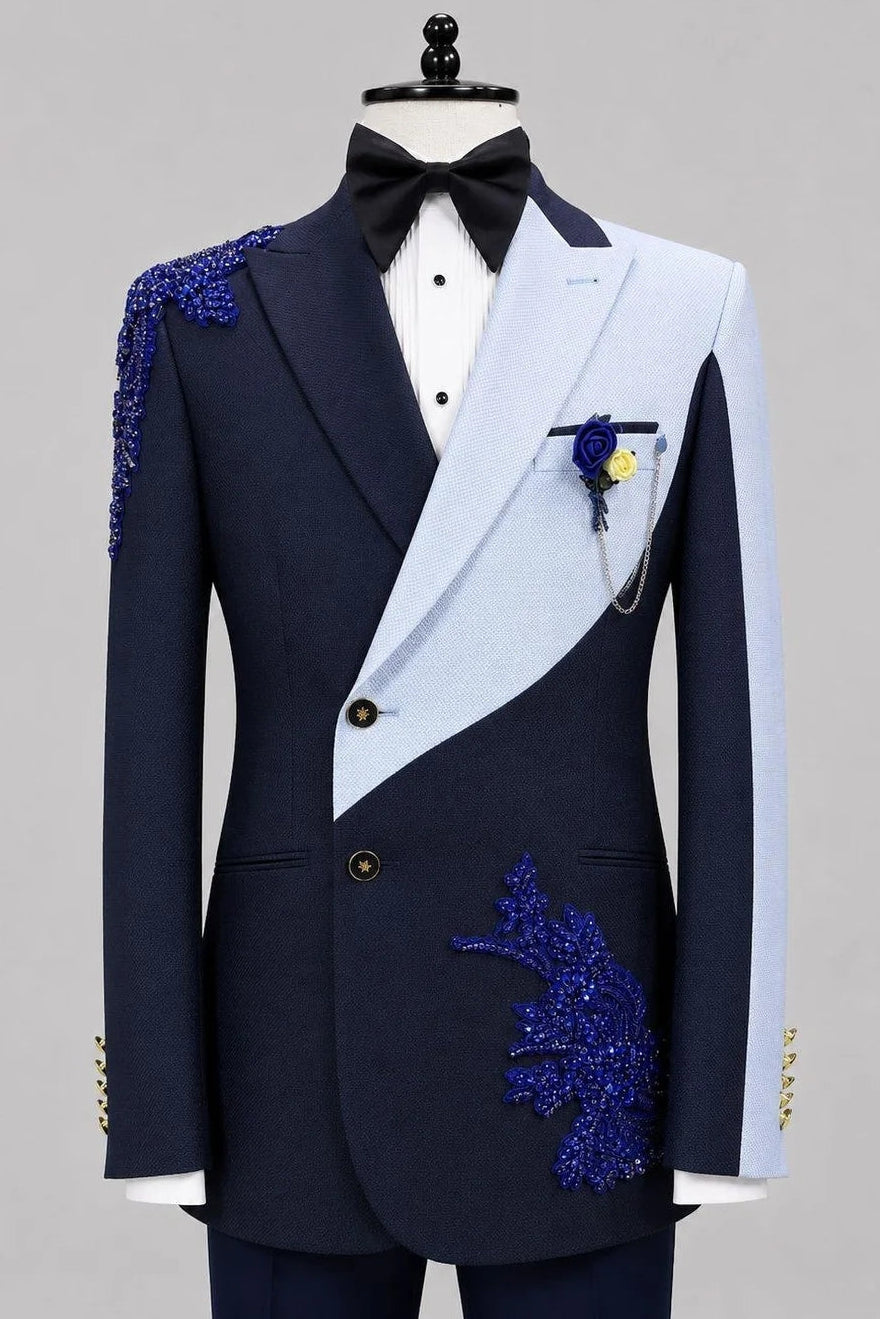 Trendy Navy And Blue Peaked Lapel Appliques Prom Suit