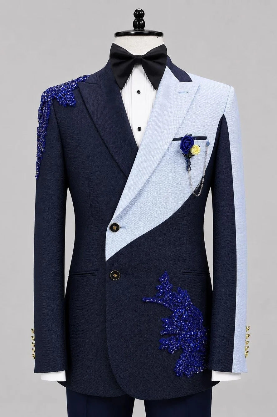 Trendy Blue Peaked Lapel Appliques Prom Suit