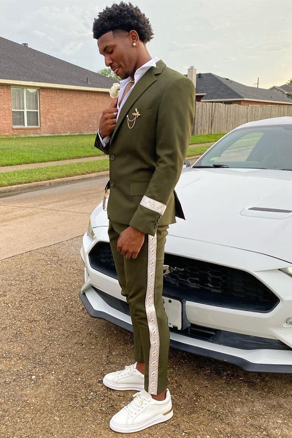 Slim Fit Olive Green Notched Lapel Prom Men Suit