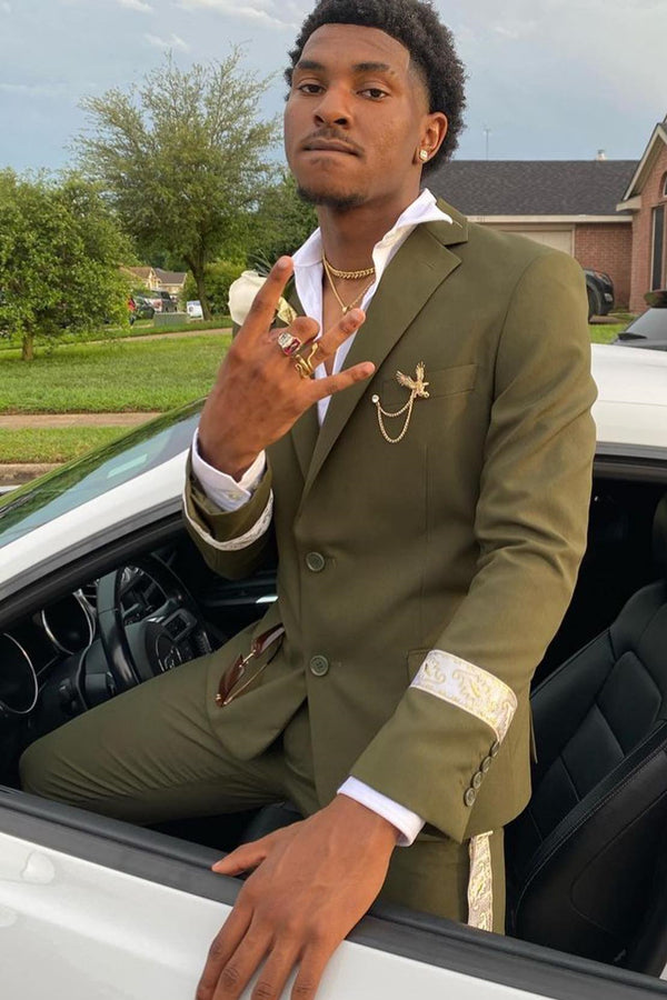 Slim Fit Olive Green Notched Lapel Prom Men Suit