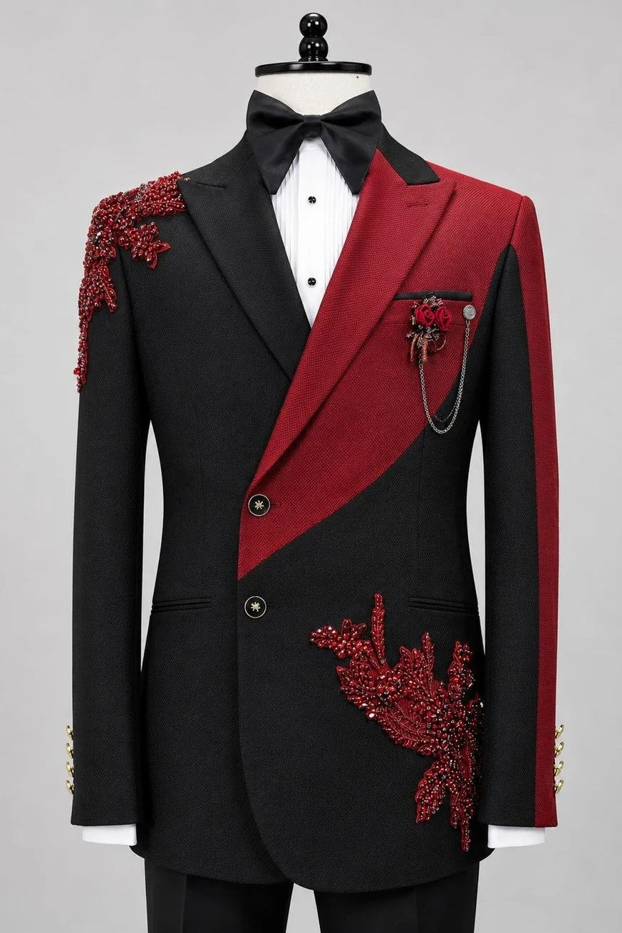 Black And Dark Red Peaked Lapel Appliques Prom Suits
