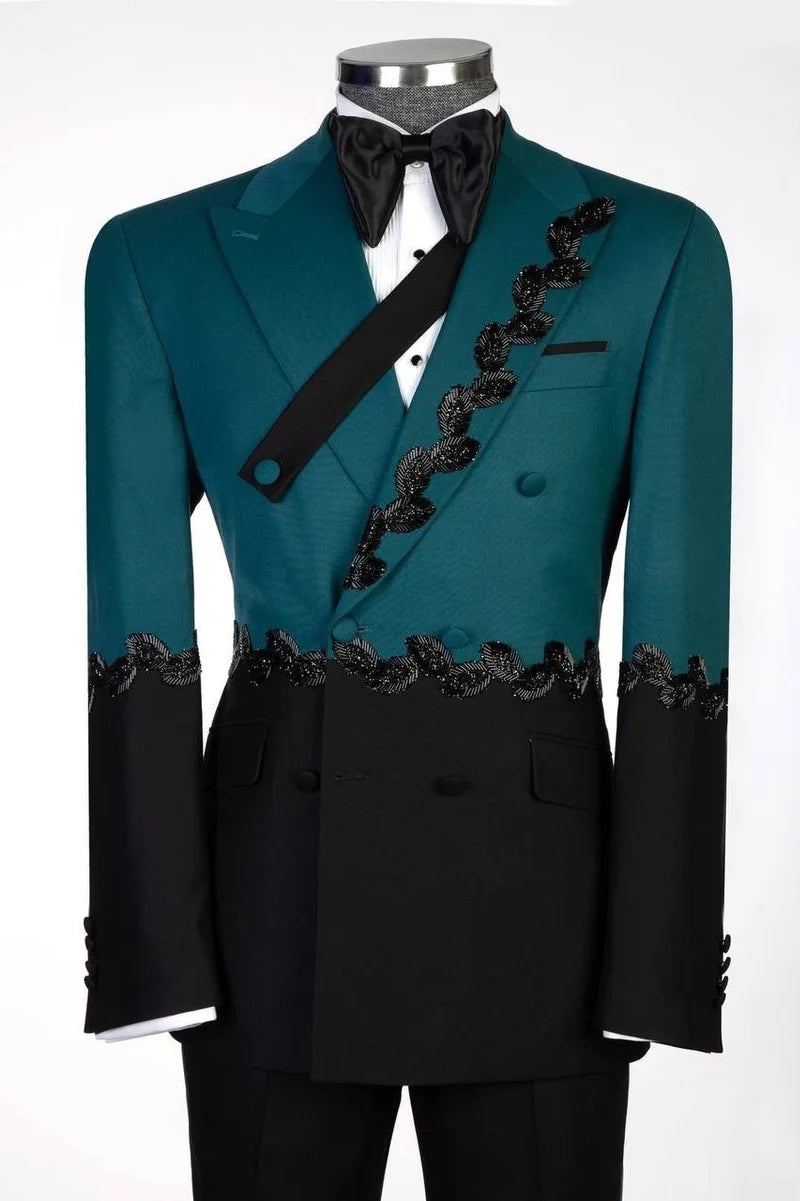 Fashion Teal And Black Peaked Lapel Appliques Prom Men Suits