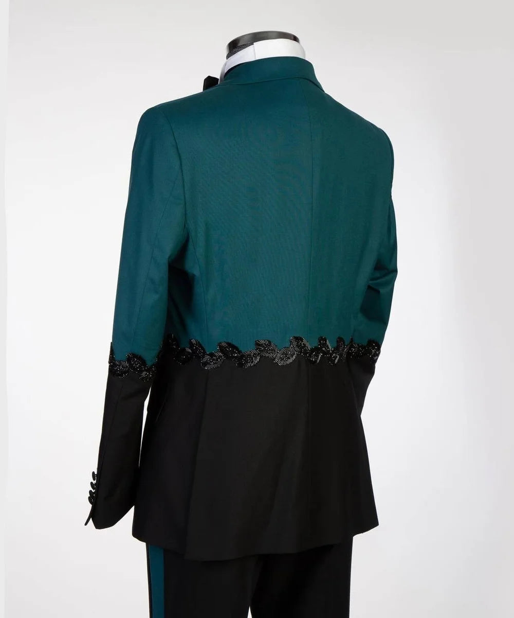 Fashion Teal And Black Peaked Lapel Appliques Prom Men Suits