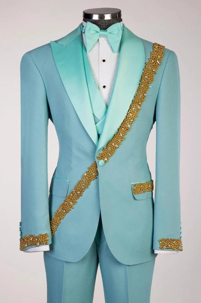 Turquoise Shawl Lapel Gold Crystal Embellished Prom Suits