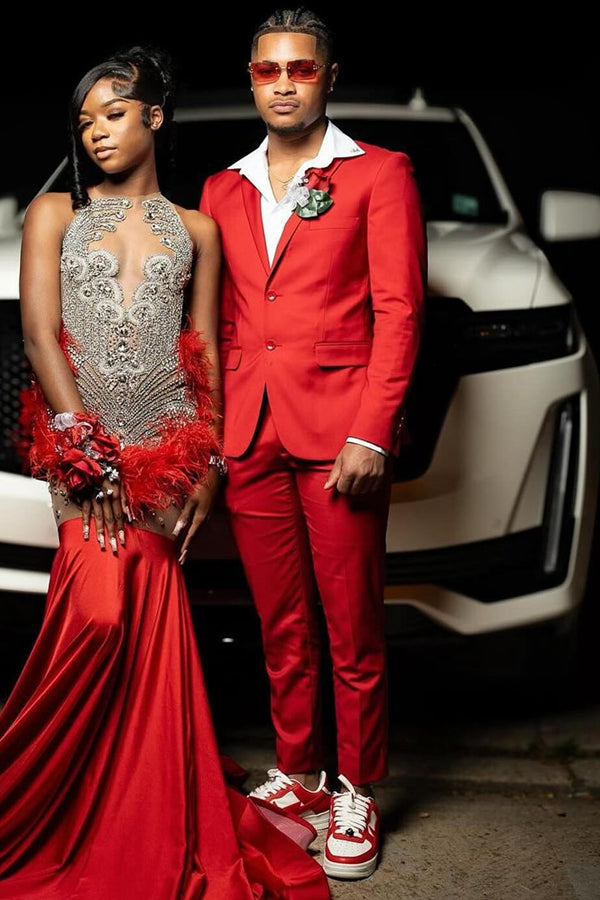 Red Glamorous Notched Lapel Slim Fit Prom Men Suits