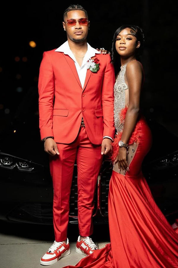 Red Glamorous Notched Lapel Slim Fit Prom Men Suits