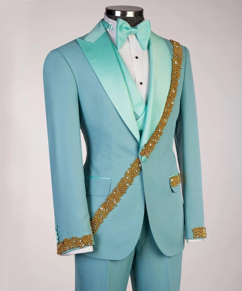 Turquoise Shawl Lapel Gold Crystal Embellished Prom Suits