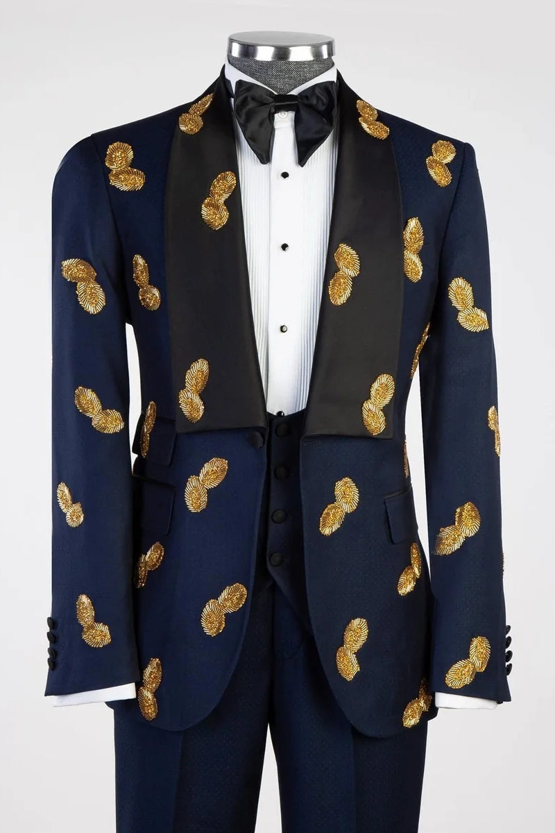 Dark Blue Shawl Lapel Gold Appliques Prom Suit