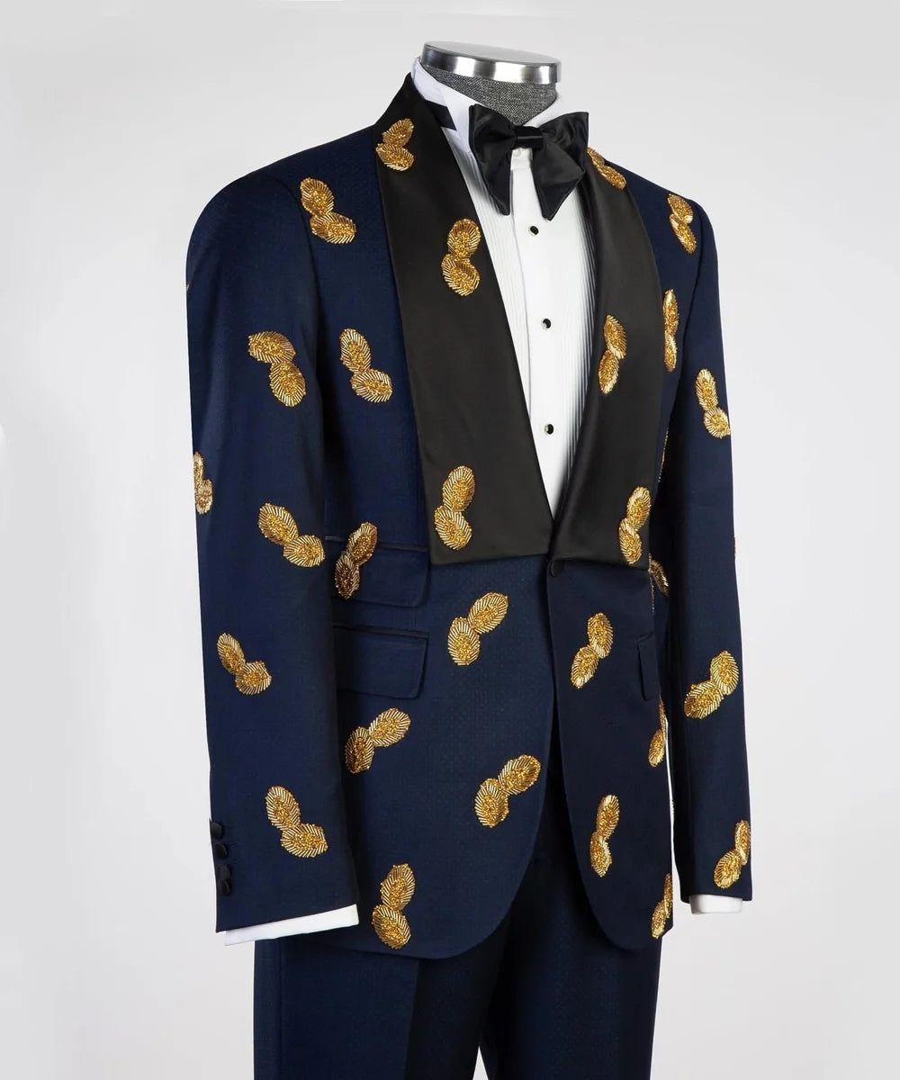 Dark Blue Shawl Lapel Gold Appliques Prom Suit