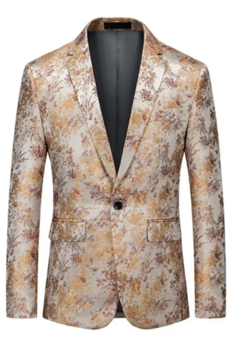 Khaki Gilded Gold Flower Suit One Button Business Men Blazer