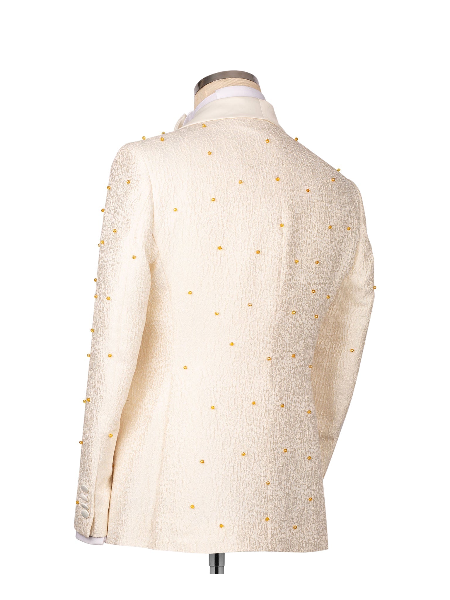 3 Pieces Cream Shawl Lapel Gold Beadings Prom Suit With Appliques