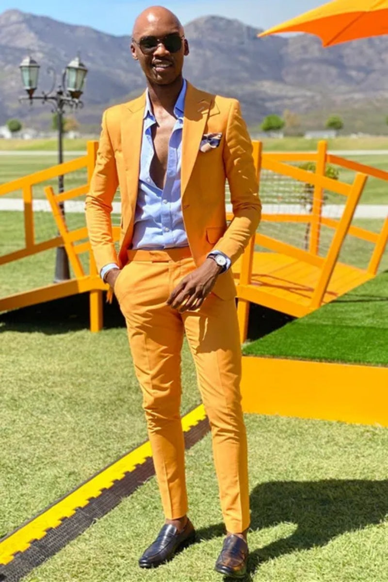 Trendy Yellow Peaked Lapel Best Fitted Prom Suits For Men
