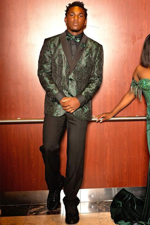 Fancy Dark Green Jacquard Prom Men Suits With Black Shawl Lapel