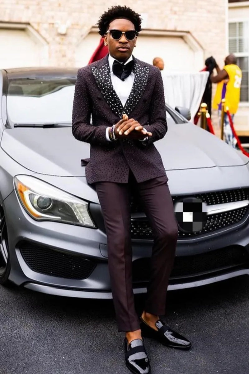 Modern Black Prom Suits With Beadings Peaked Lapel