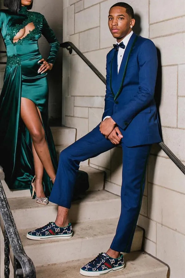 Newest Dark Blue Shawl Lapel Prom Men Suits With Dark Green Border