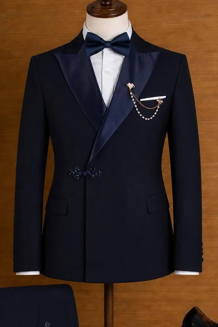 Navy Blue Peaked Lapel Frog Closure Prom Suit