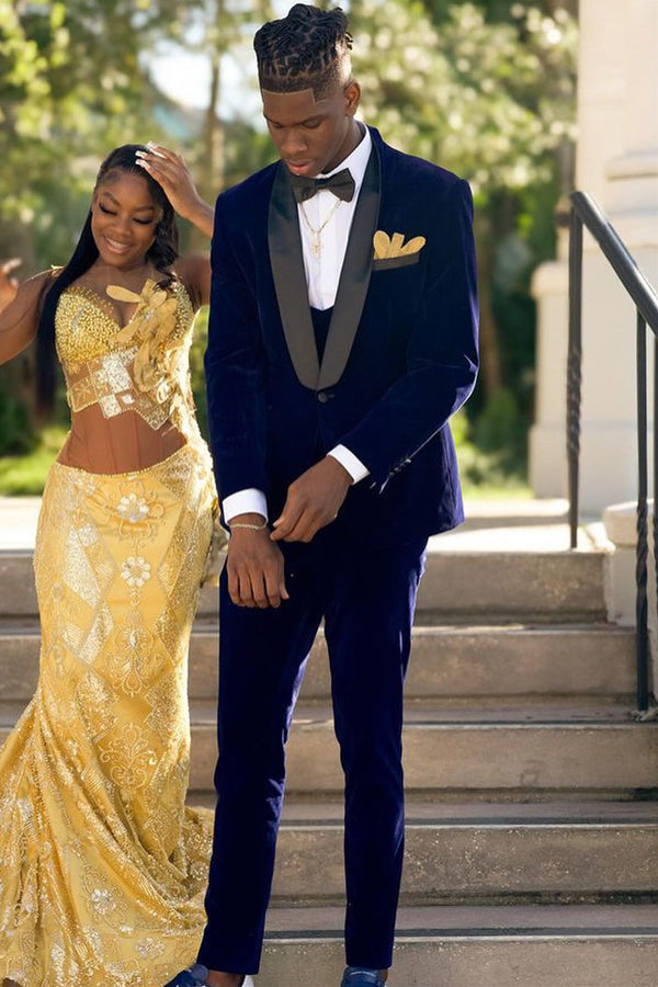 3 Pieces Dark Blue Velvet Shawl Lapel One Button Prom Men Suits