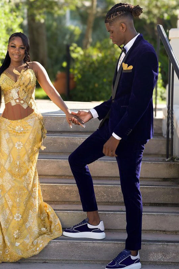 3 Pieces Dark Blue Velvet Shawl Lapel One Button Prom Men Suits