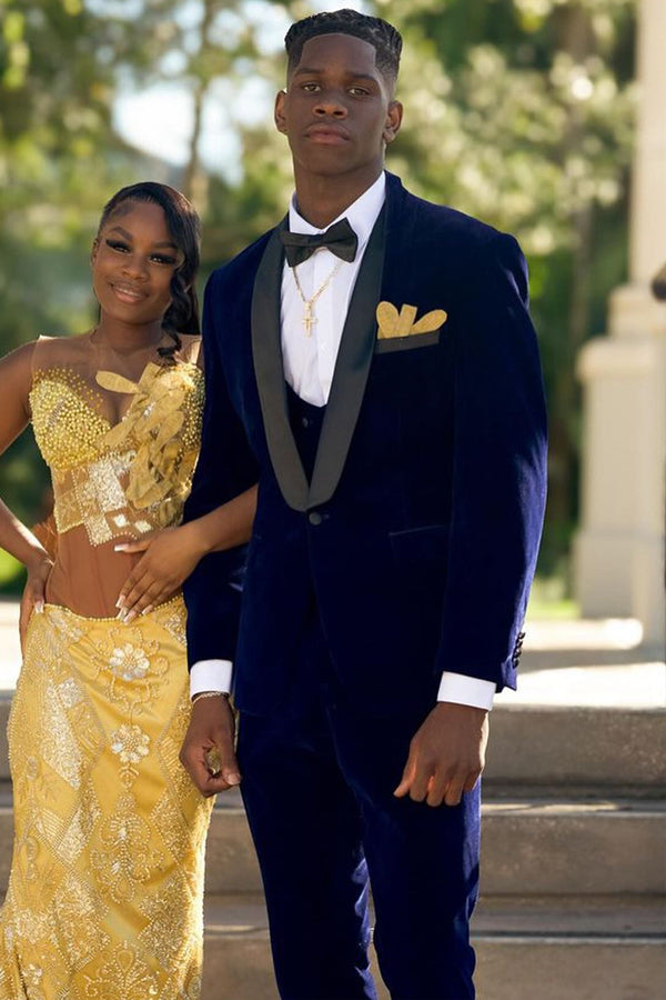 3 Pieces Dark Blue Velvet Shawl Lapel One Button Prom Men Suits