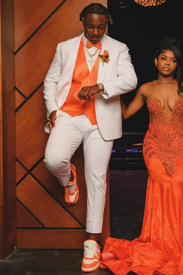 Trendy Beige Shawl Lapel Prom Men Suits With Orange Waistcoat