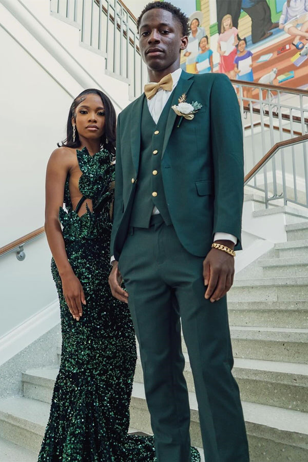 Bespoke Dark Green Chic Notched Lapel 3 Pieces Prom Men Suits