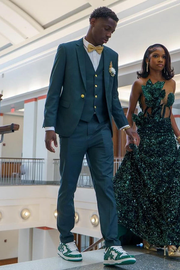 Bespoke Dark Green Chic Notched Lapel 3 Pieces Prom Men Suits