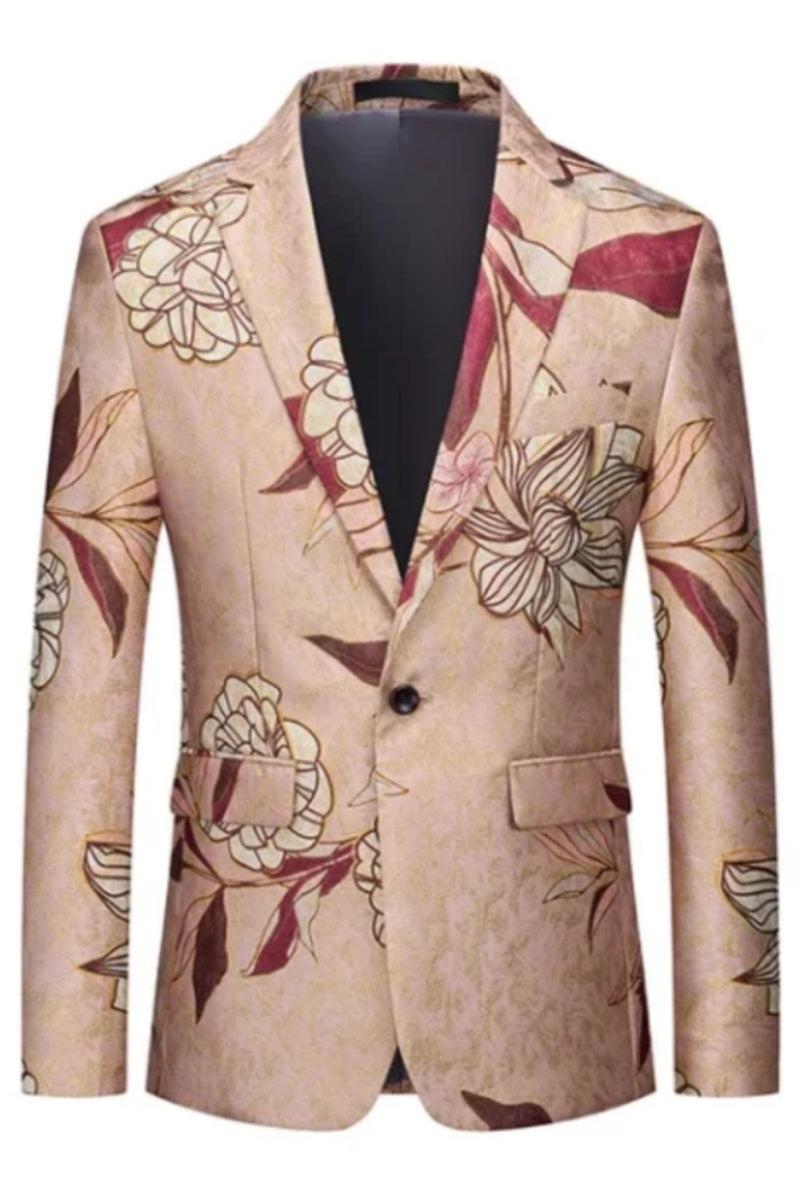 Pink Flowers Jacquard Slim Fit Suit Men Blazer