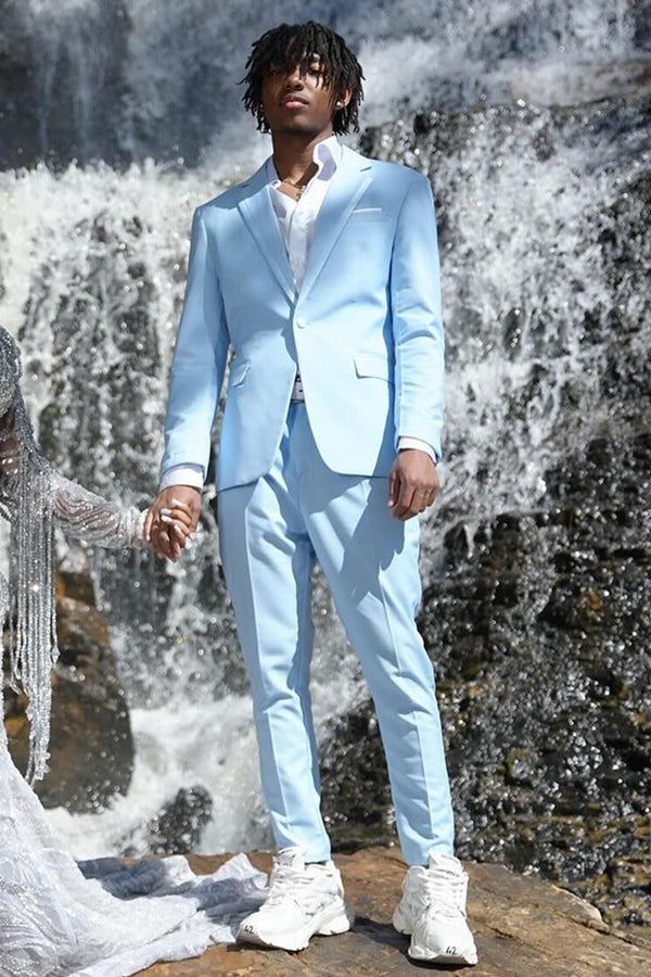 Stylish Pale Blue Modern Notched Lapel Prom Men Suits