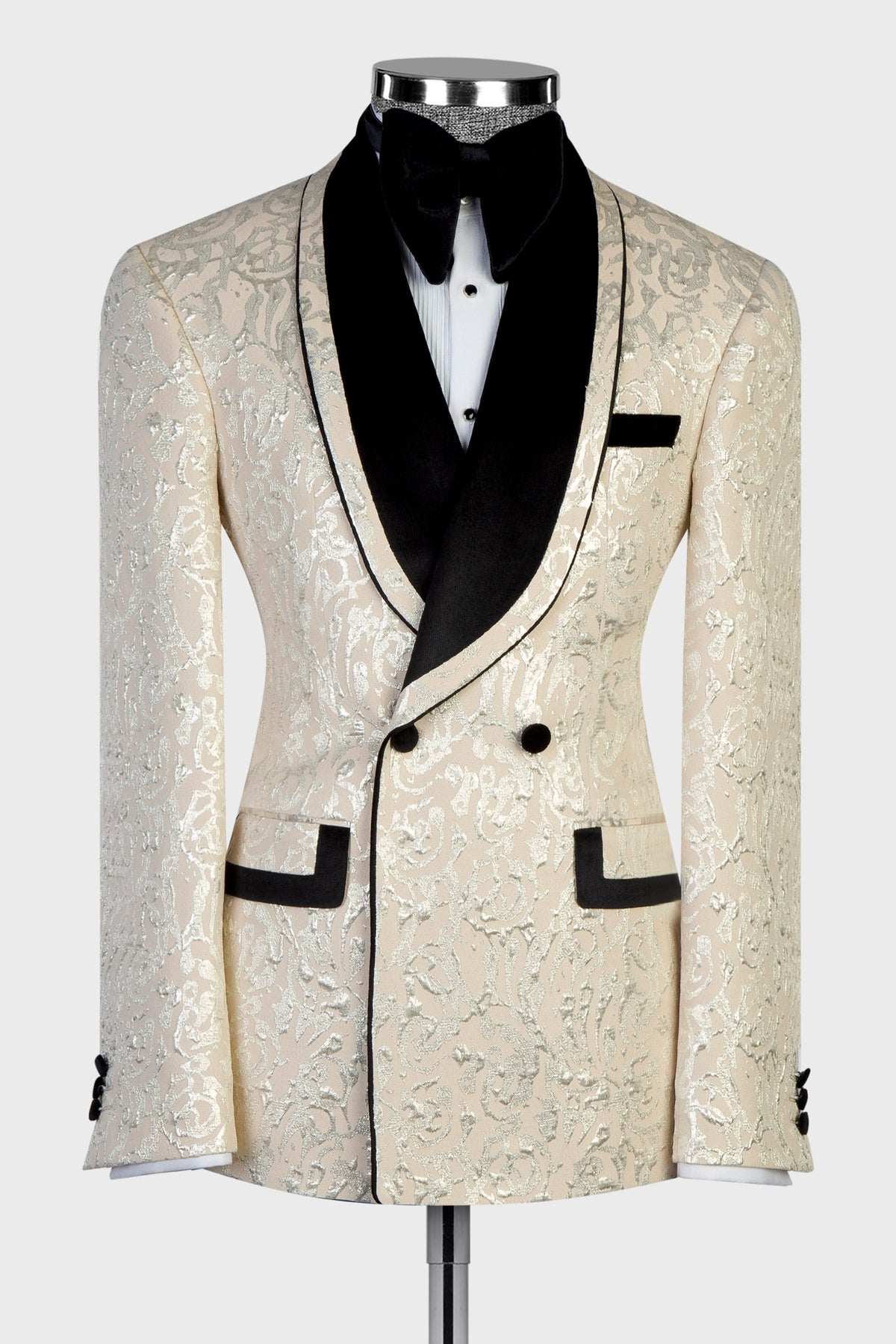 Chic Ivory Jacquard Shawl Lapel Double Breasted Wedding Men Suits