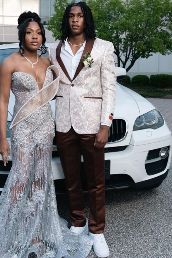 Modern Beige Shawl Lapel Jacquard Prom Men Suits