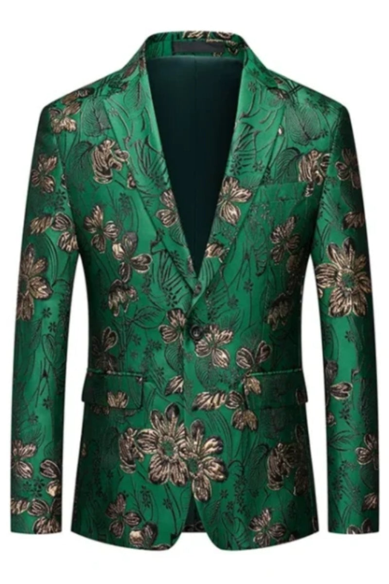 Modern Green Flowers Jacquard Slim Fit Suit Blazer For Men