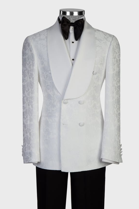 Gentle White Jacquard Shawl Lapel Double Breasted Wedding Suits