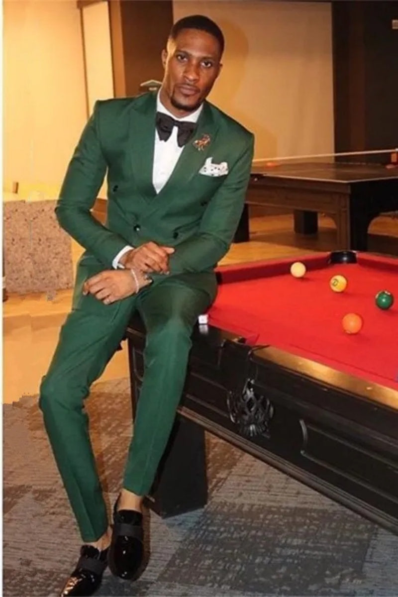 Bespoke Dark Green Double Breasted Peaked Lapel Prom Men Suits