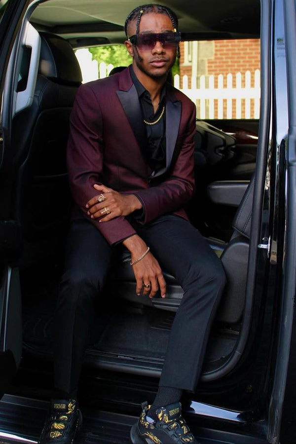 Glamorous Burgundy Peaked Lapel Chic Prom Men Suits