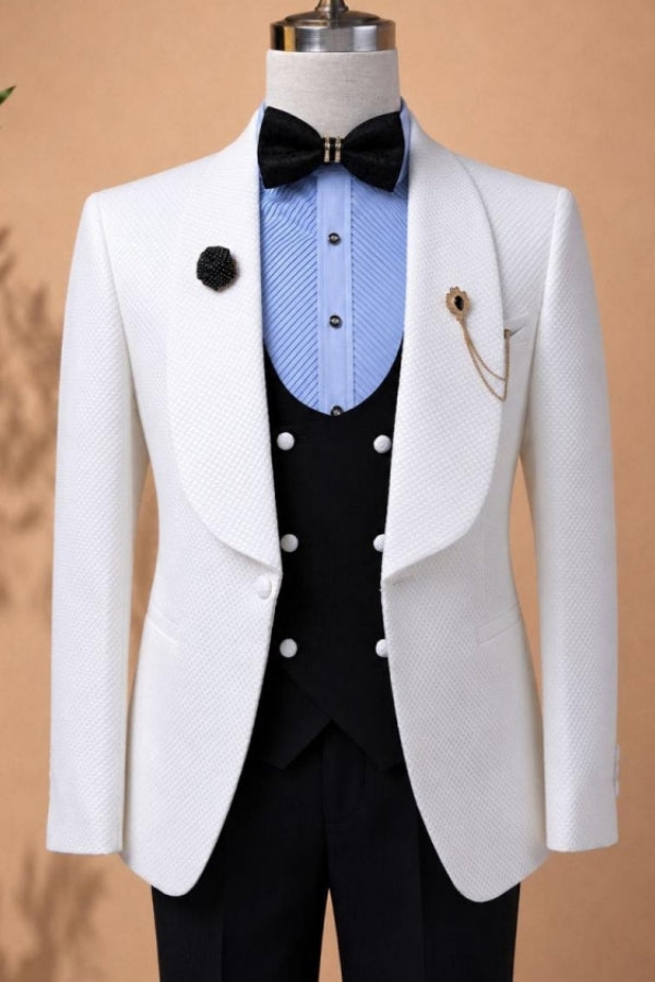 Handsome 3 Pieces White Jacquard Shawl Lapel Wedding Men Suits