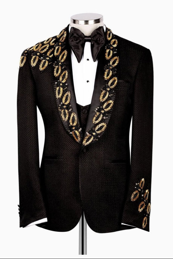 Bespoke Black Jacquard Shawl Lapel Appliques 3 Pieces Prom Men Suit