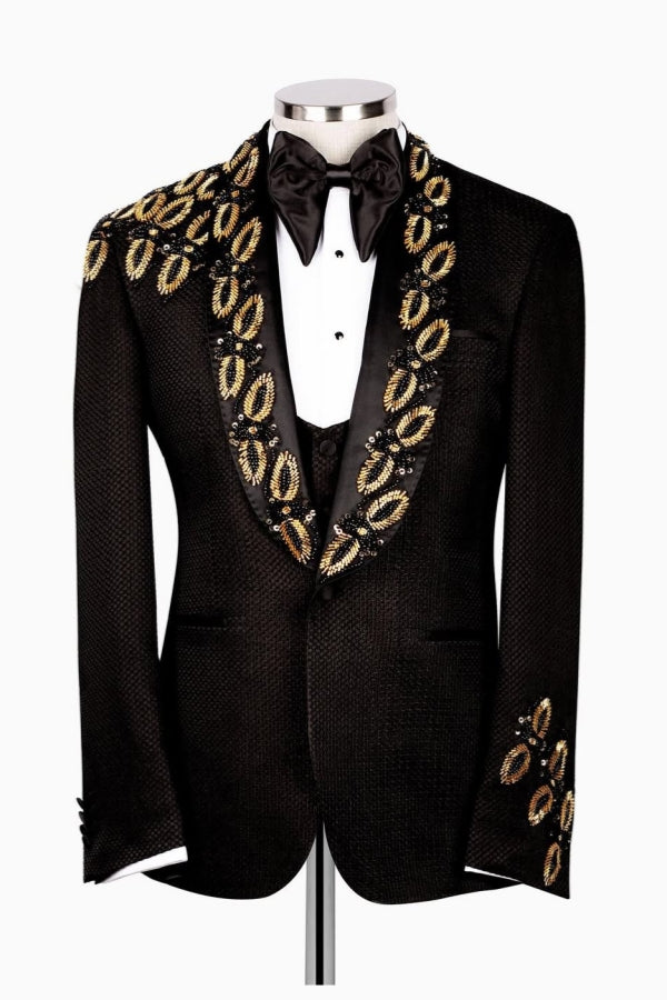 Bespoke Black Jacquard Shawl Lapel Appliques 3 Pieces Prom Men Suit