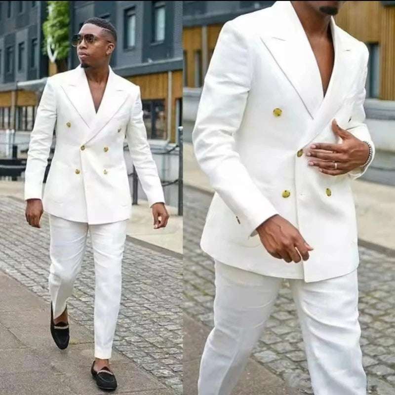 Slim Fit White Double Breasted Peaked Lapel Prom Suits For Men