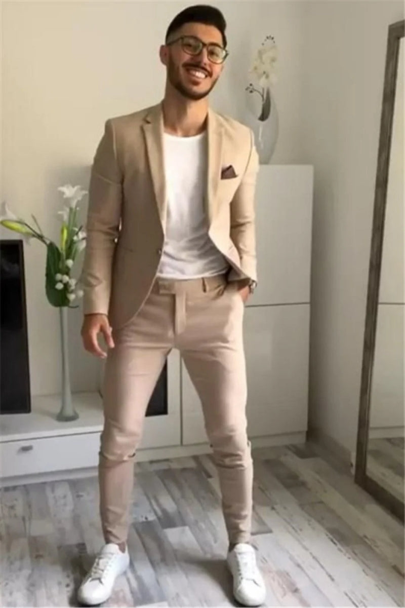 Fancy Notched Lapel Close Fitting Khaki Prom Suits For Men