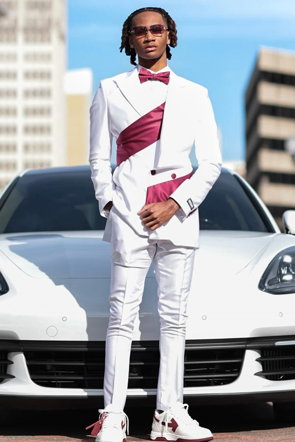 Fashion White Double Breasted Peaked Lapel Prom Men Suits