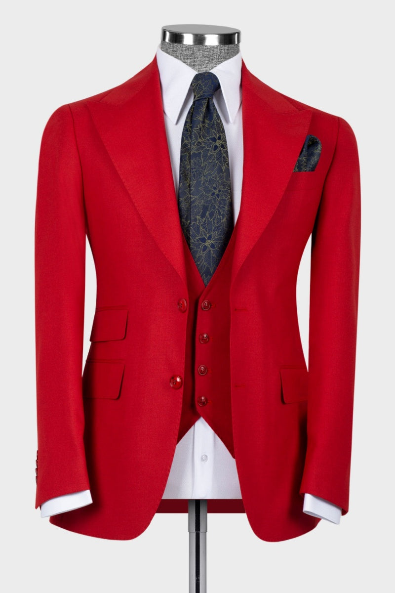 Glamorous Red Peaked Lapel 3 Pieces Prom Suits