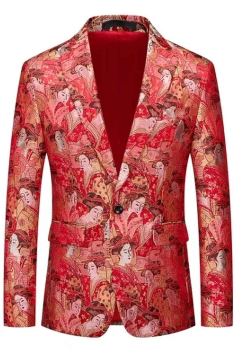 Newest Red Printed Slim Fit Men's Blazer