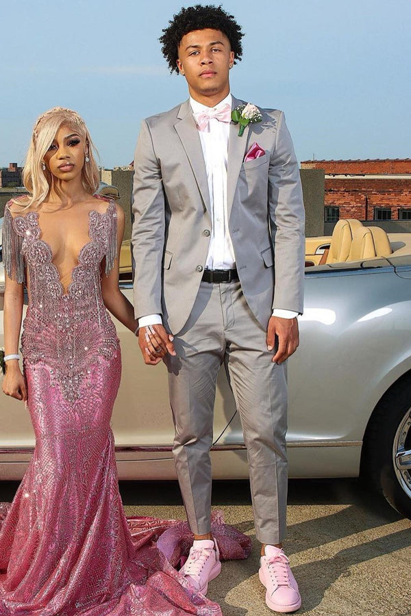 Gray Slim Fit Best Fitted Notched Lapel Prom Men Suits