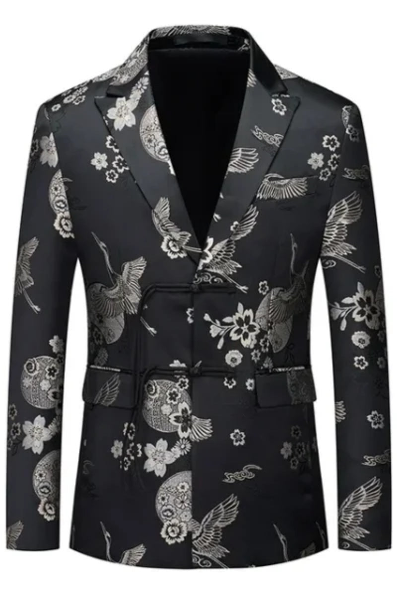 Black One Button Jacquard Slim Fit Men Blazer